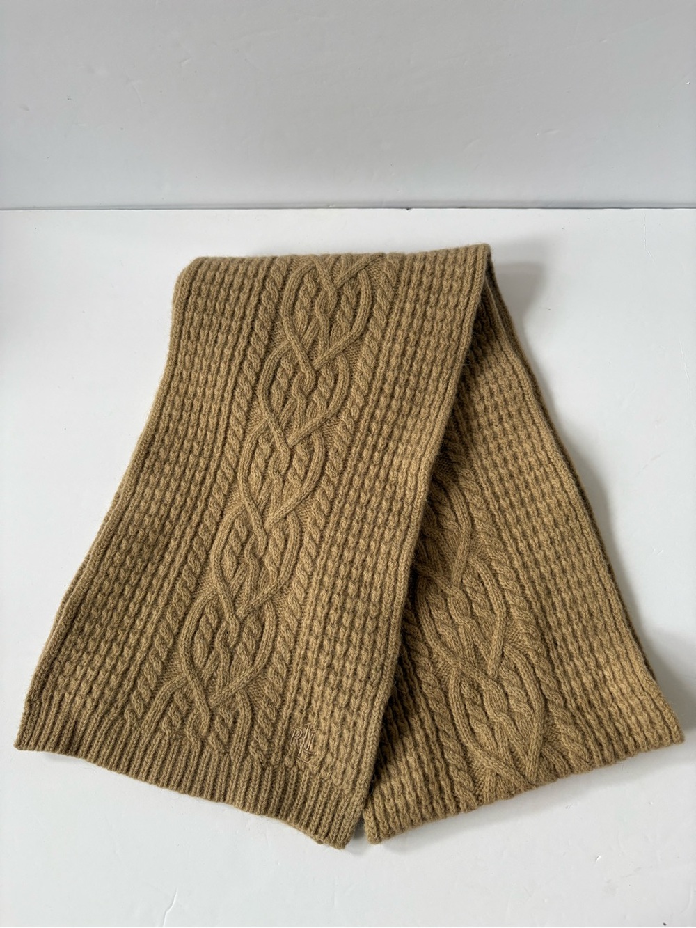 Ralph Lauren Lambswool Angora Tan Beige Scarf Preppy Academia Career Soft Warm